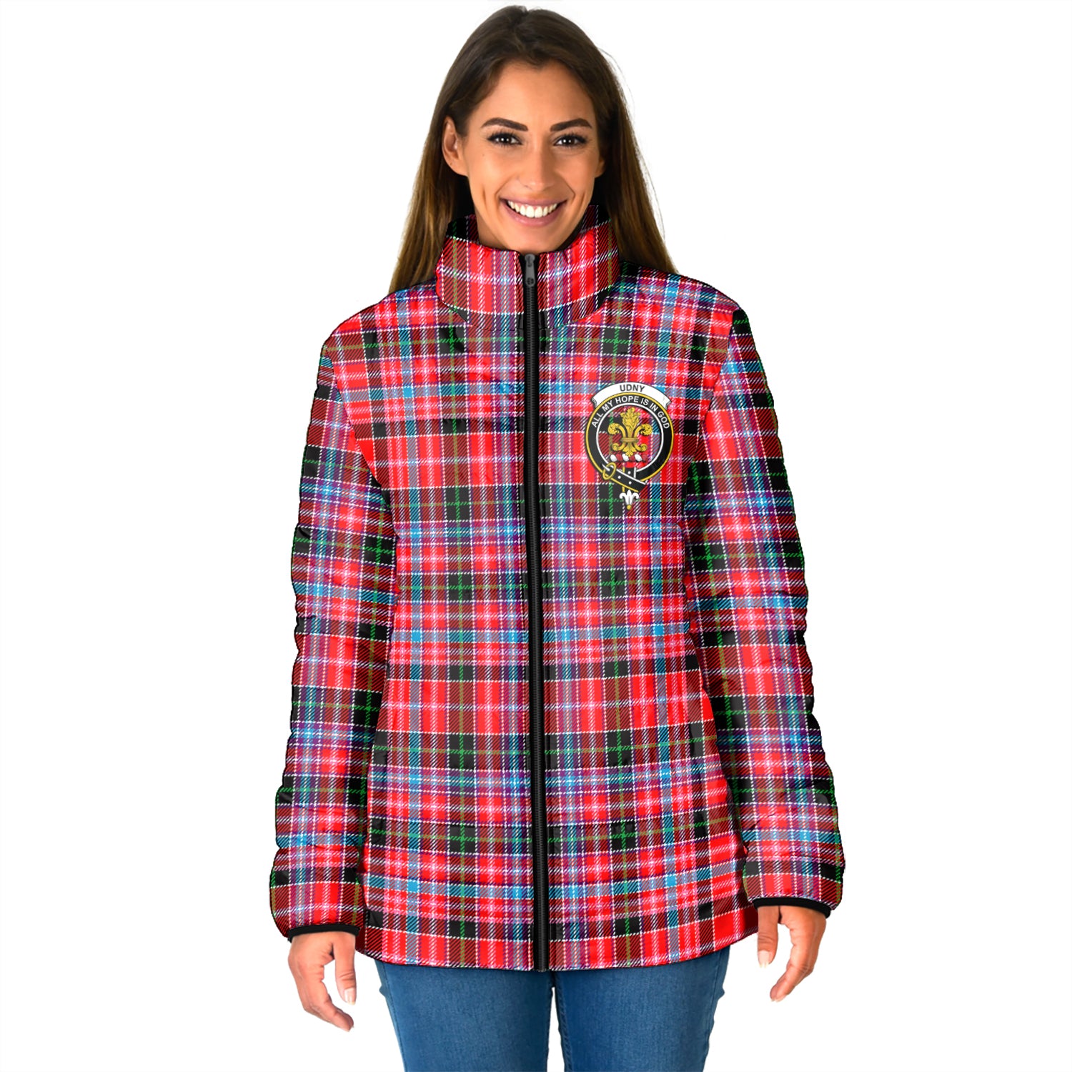 Udny Tartan Padded Jacket with Family Crest - Tartan Vibes Clothing