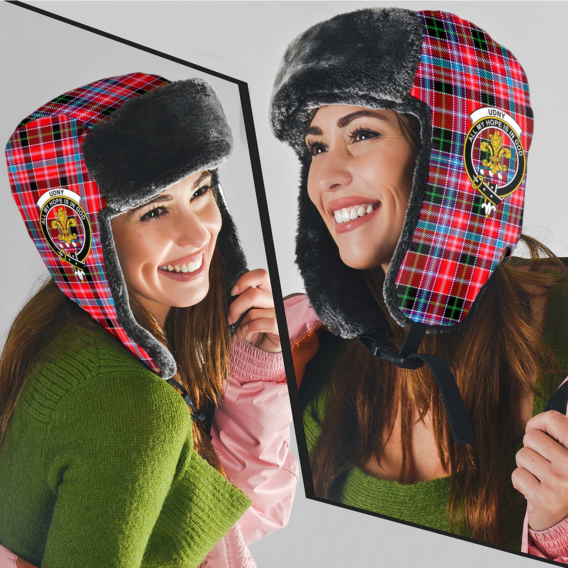 Udny Tartan Winter Trapper Hat with Family Crest - Tartanvibesclothing