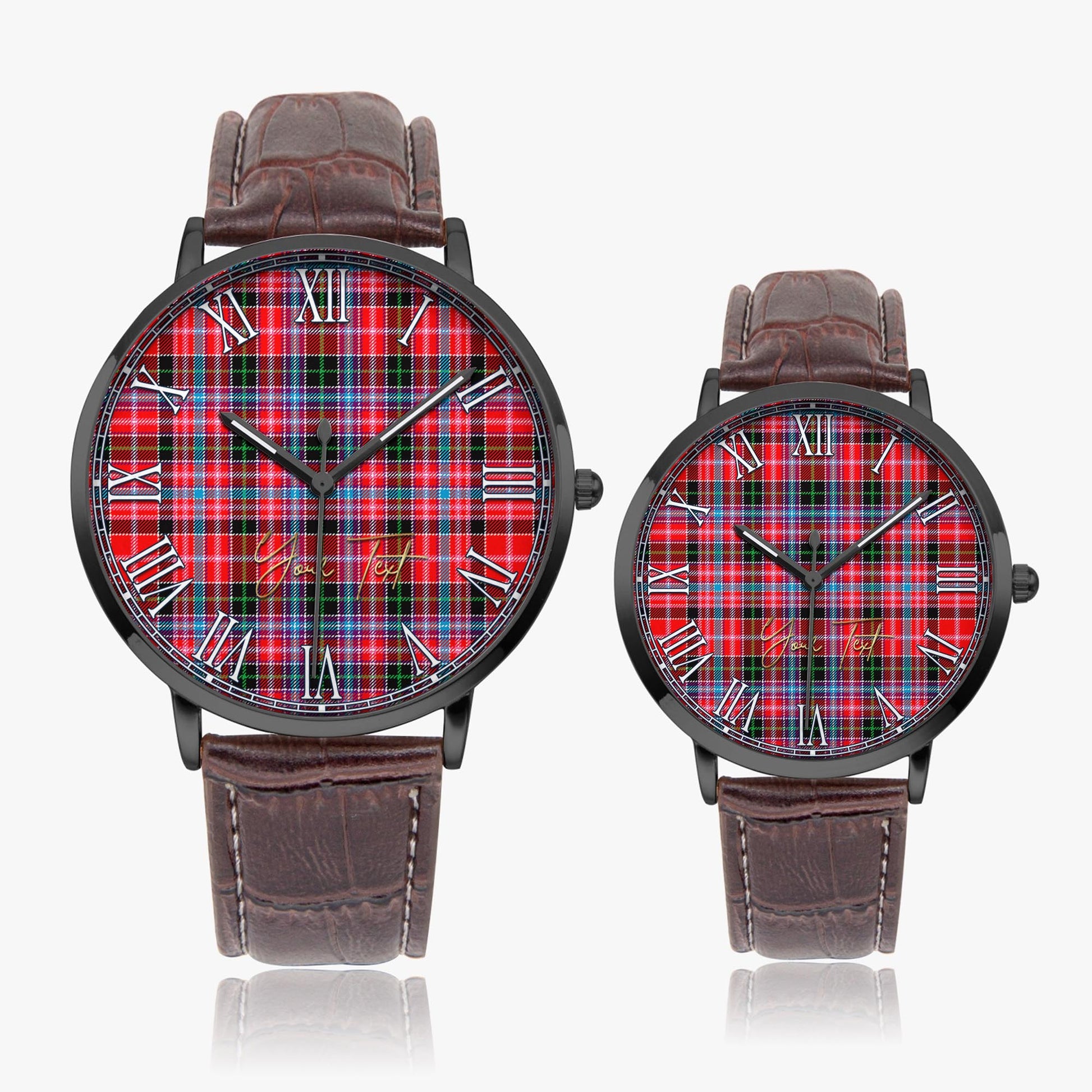 Udny Tartan Personalized Your Text Leather Trap Quartz Watch Ultra Thin Black Case With Brown Leather Strap - Tartanvibesclothing Shop