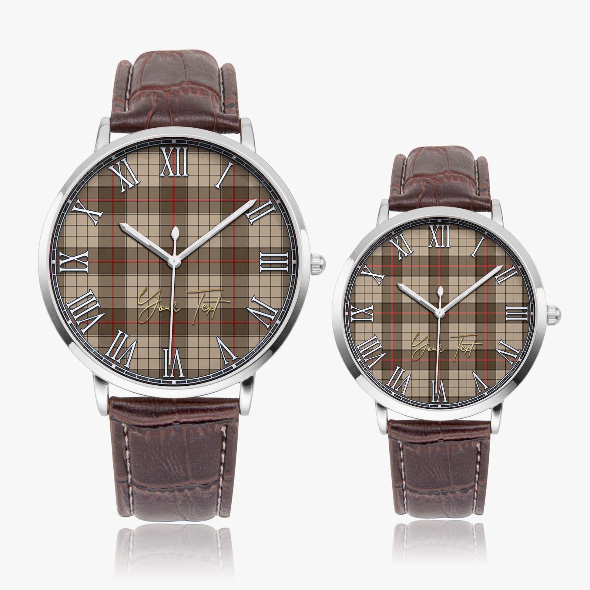 Ulster Brown Modern Tartan Personalized Your Text Leather Trap Quartz Watch Ultra Thin Silver Case With Brown Leather Strap - Tartanvibesclothing Shop