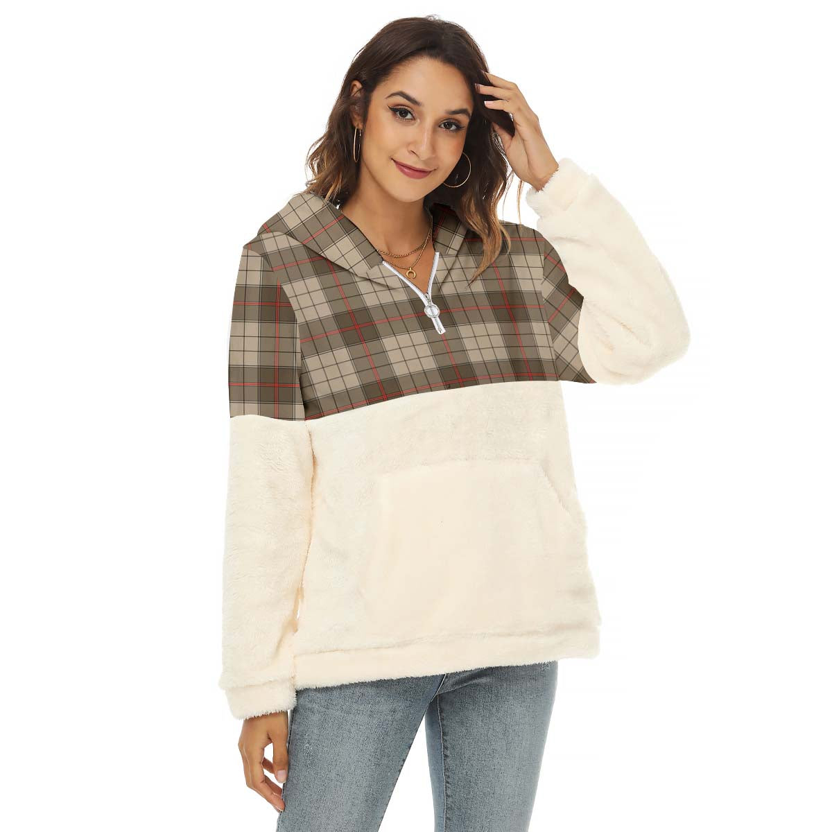 Ulster Brown Modern Tartan Women's Borg Fleece Hoodie With Half Zip Female - Tartan Vibes Clothing