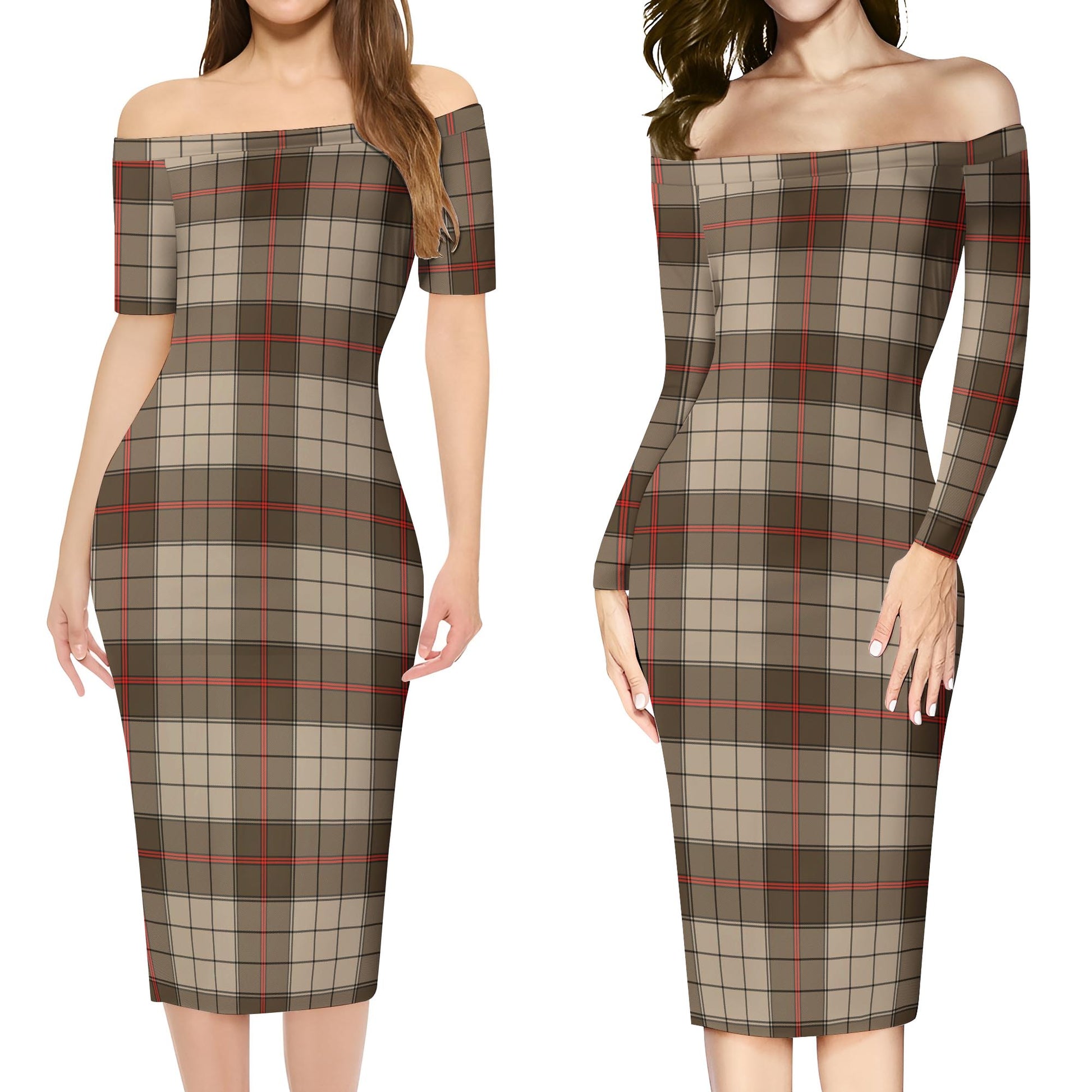 Ulster Brown Modern Tartan Off Shoulder Lady Dress Women's Dress - Tartanvibesclothing