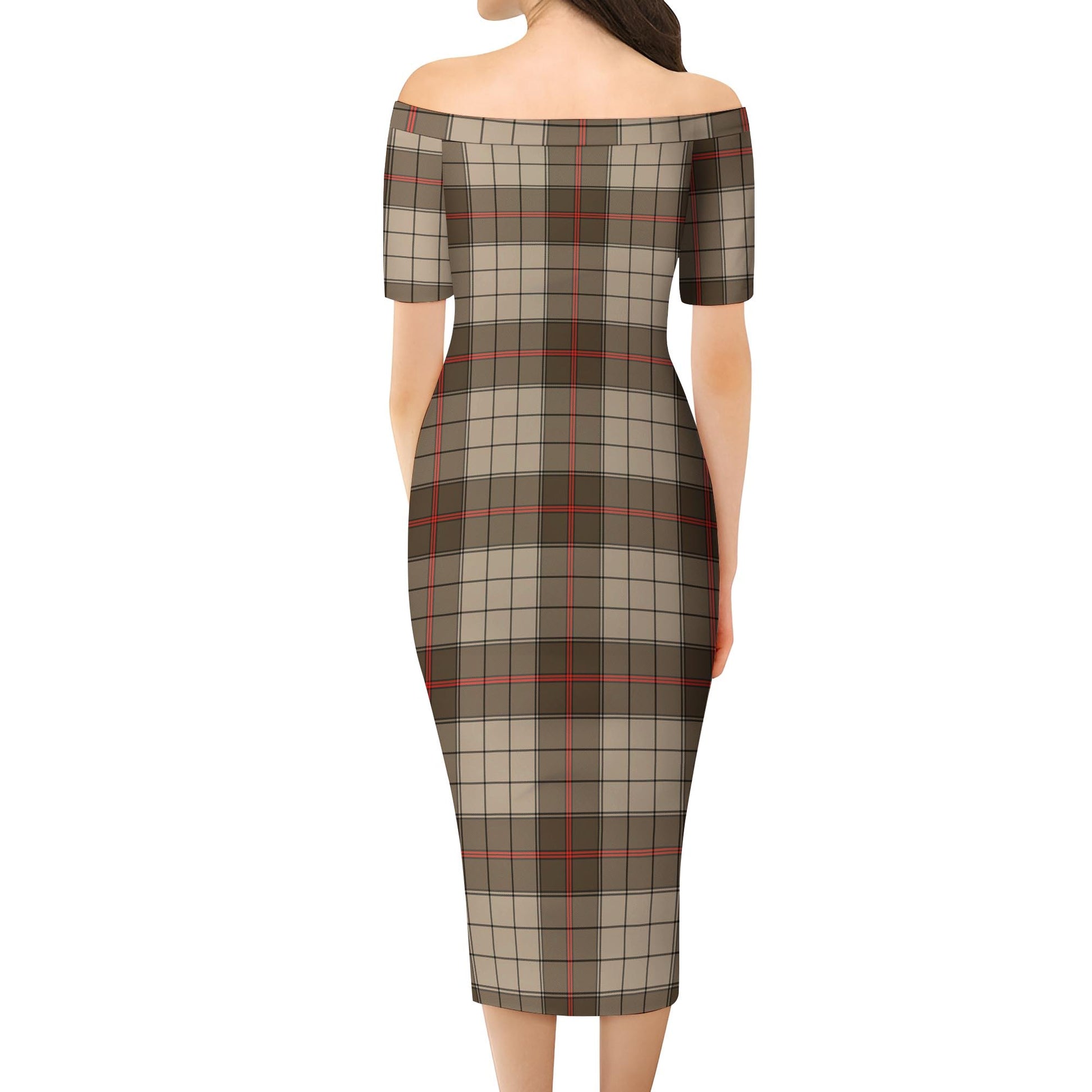 Ulster Brown Modern Tartan Off Shoulder Lady Dress - Tartanvibesclothing