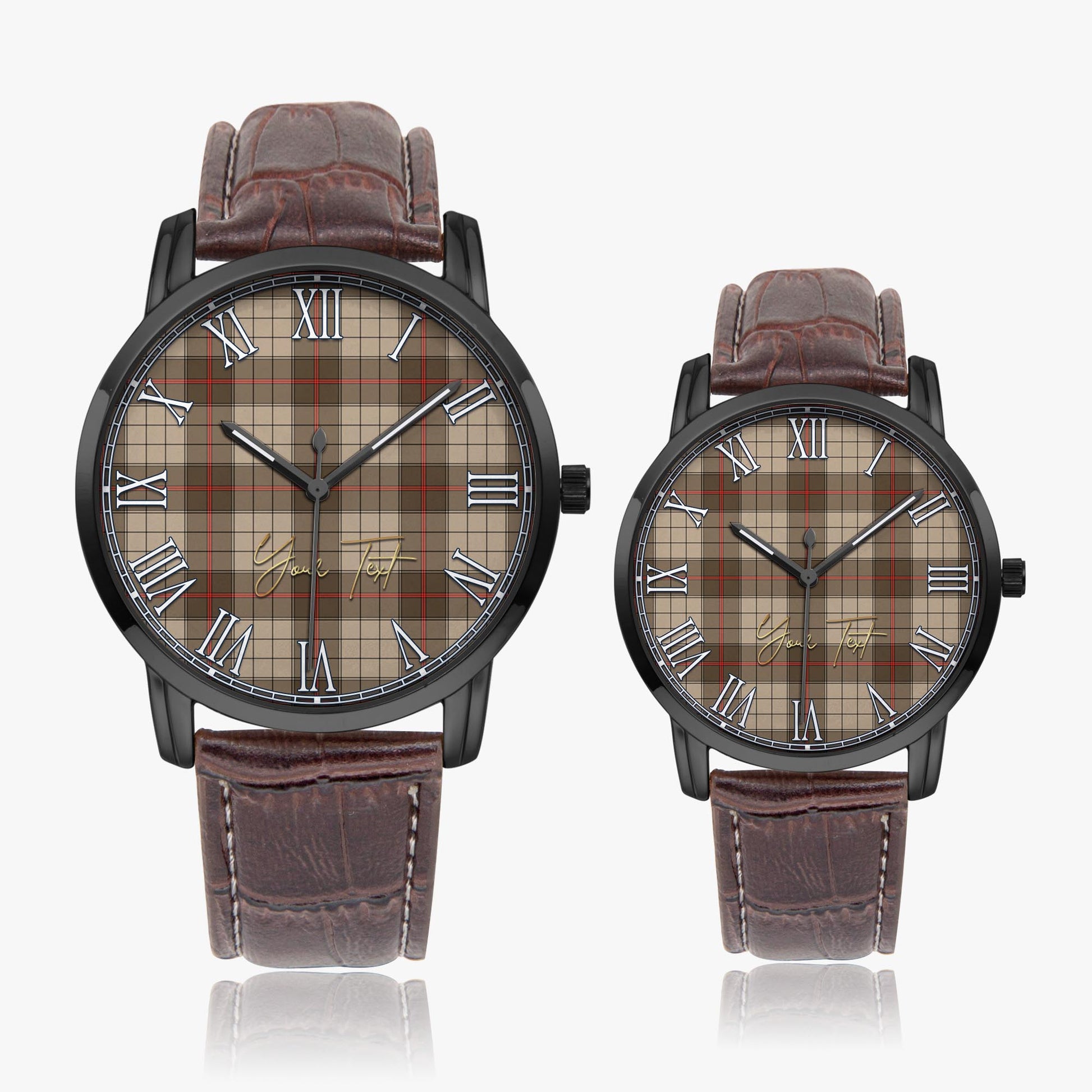 Ulster Brown Modern Tartan Personalized Your Text Leather Trap Quartz Watch Wide Type Black Case With Brown Leather Strap - Tartanvibesclothing Shop