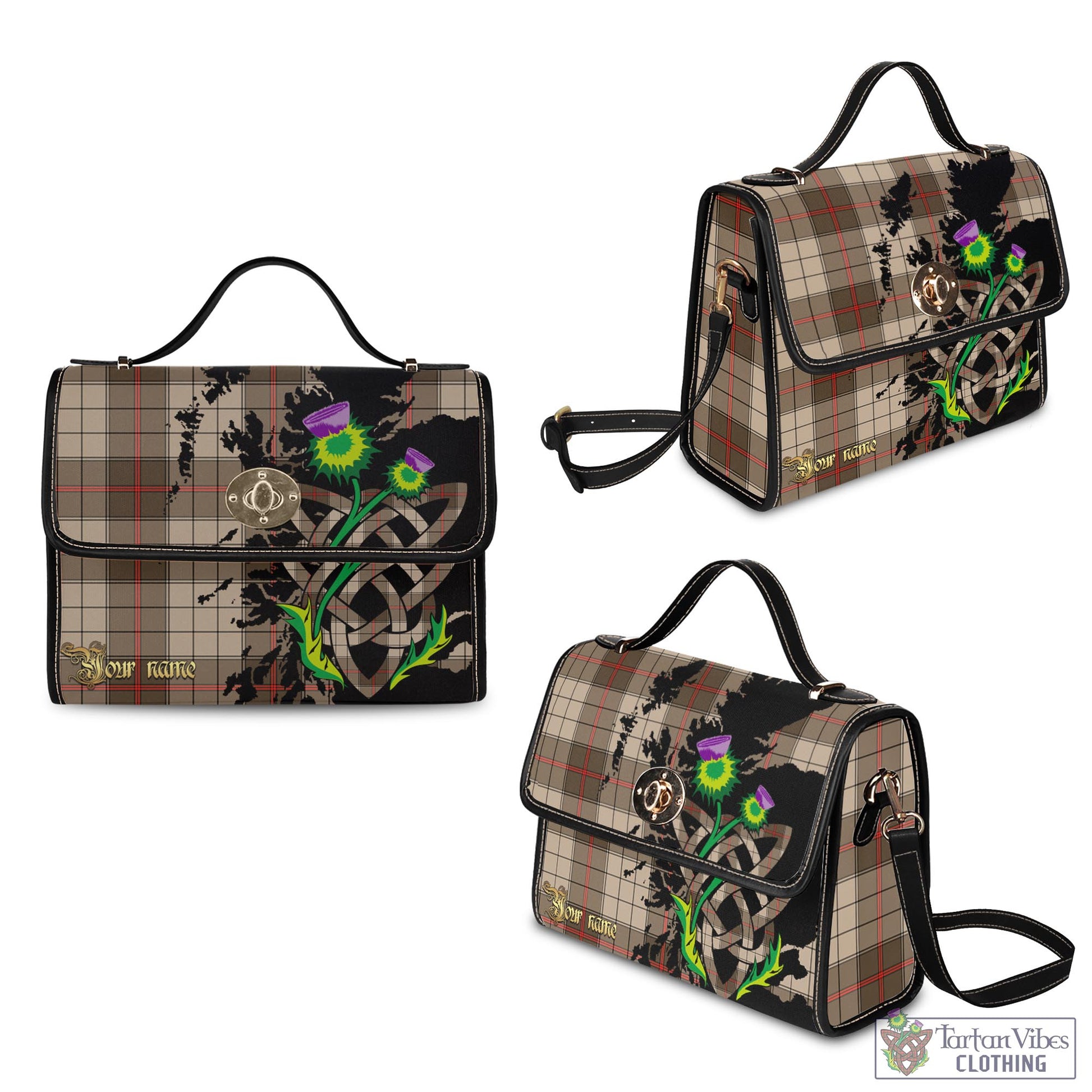 Tartan Vibes Clothing Ulster Brown Modern Tartan Waterproof Canvas Bag with Scotland Map and Thistle Celtic Accents