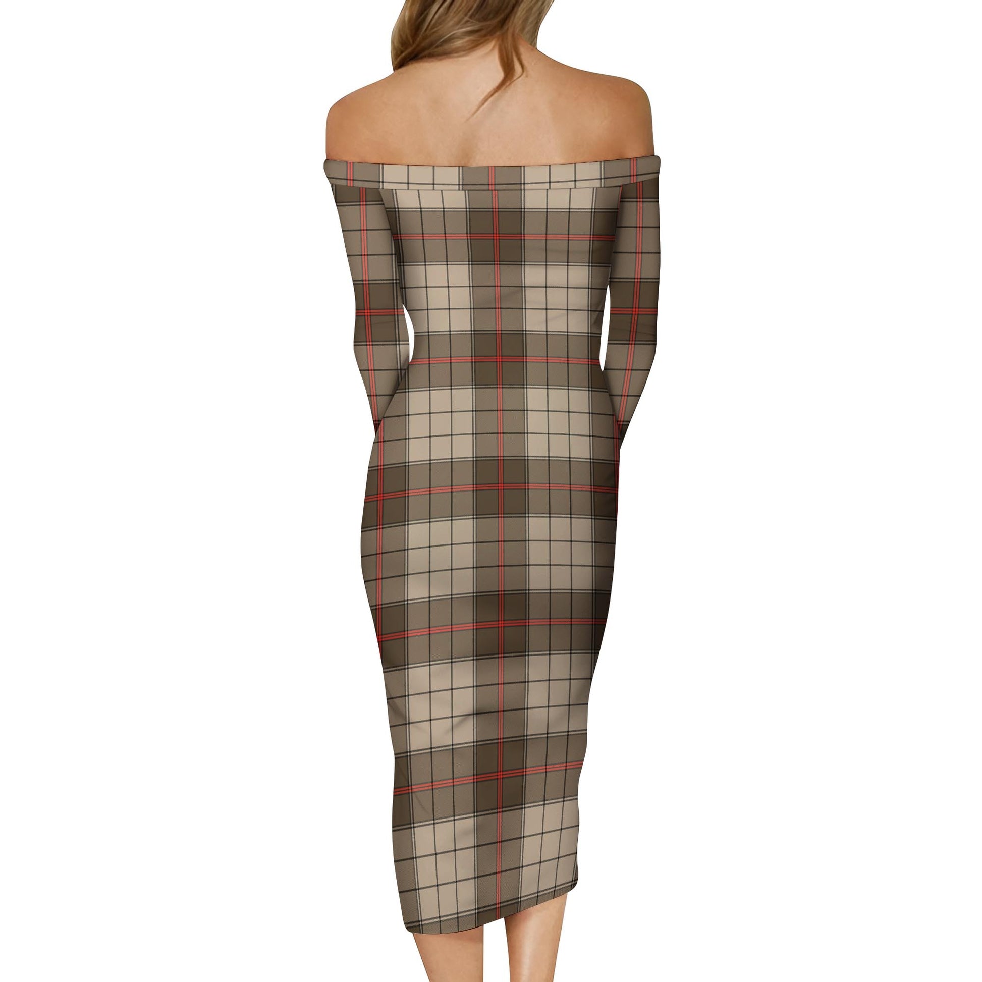 Ulster Brown Modern Tartan Off Shoulder Lady Dress - Tartanvibesclothing