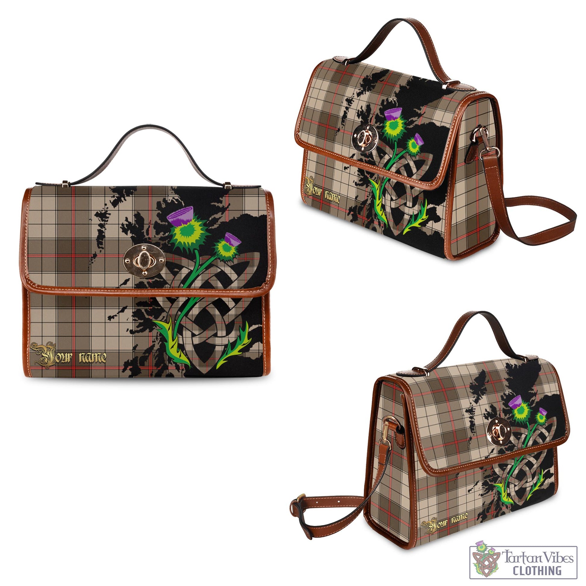 Tartan Vibes Clothing Ulster Brown Modern Tartan Waterproof Canvas Bag with Scotland Map and Thistle Celtic Accents