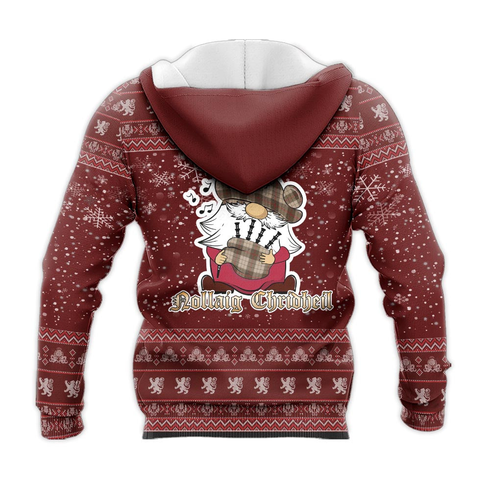 Ulster Brown Modern Clan Christmas Knitted Hoodie with Funny Gnome Playing Bagpipes - Tartanvibesclothing