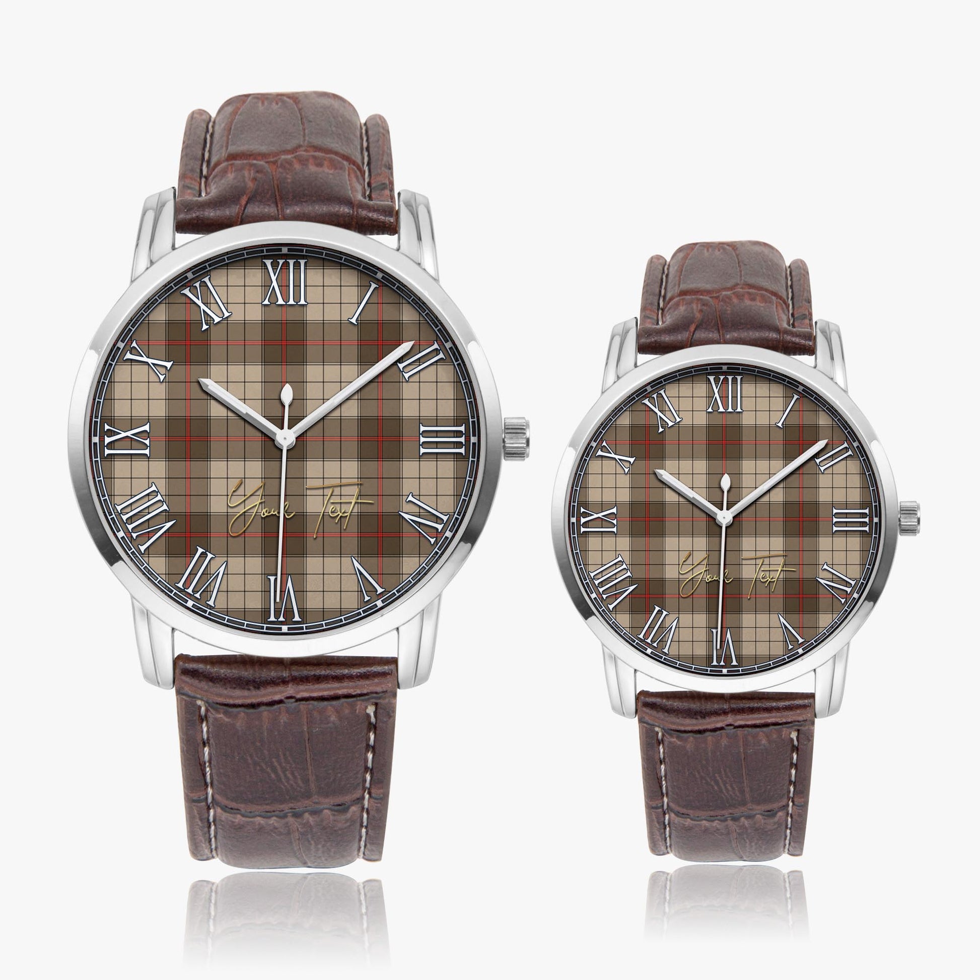 Ulster Brown Modern Tartan Personalized Your Text Leather Trap Quartz Watch Wide Type Silver Case With Brown Leather Strap - Tartanvibesclothing Shop