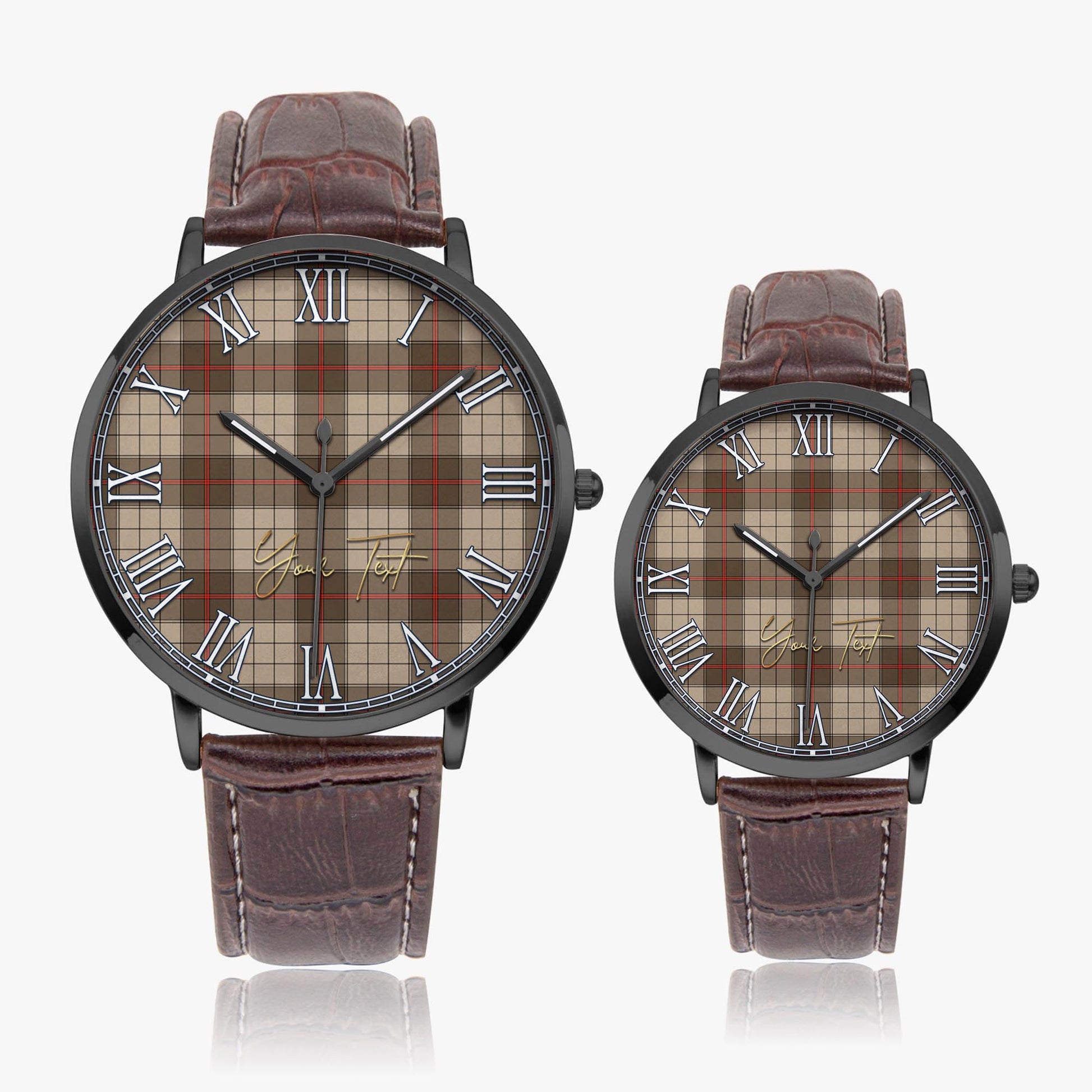 Ulster Brown Modern Tartan Personalized Your Text Leather Trap Quartz Watch Ultra Thin Black Case With Brown Leather Strap - Tartanvibesclothing Shop