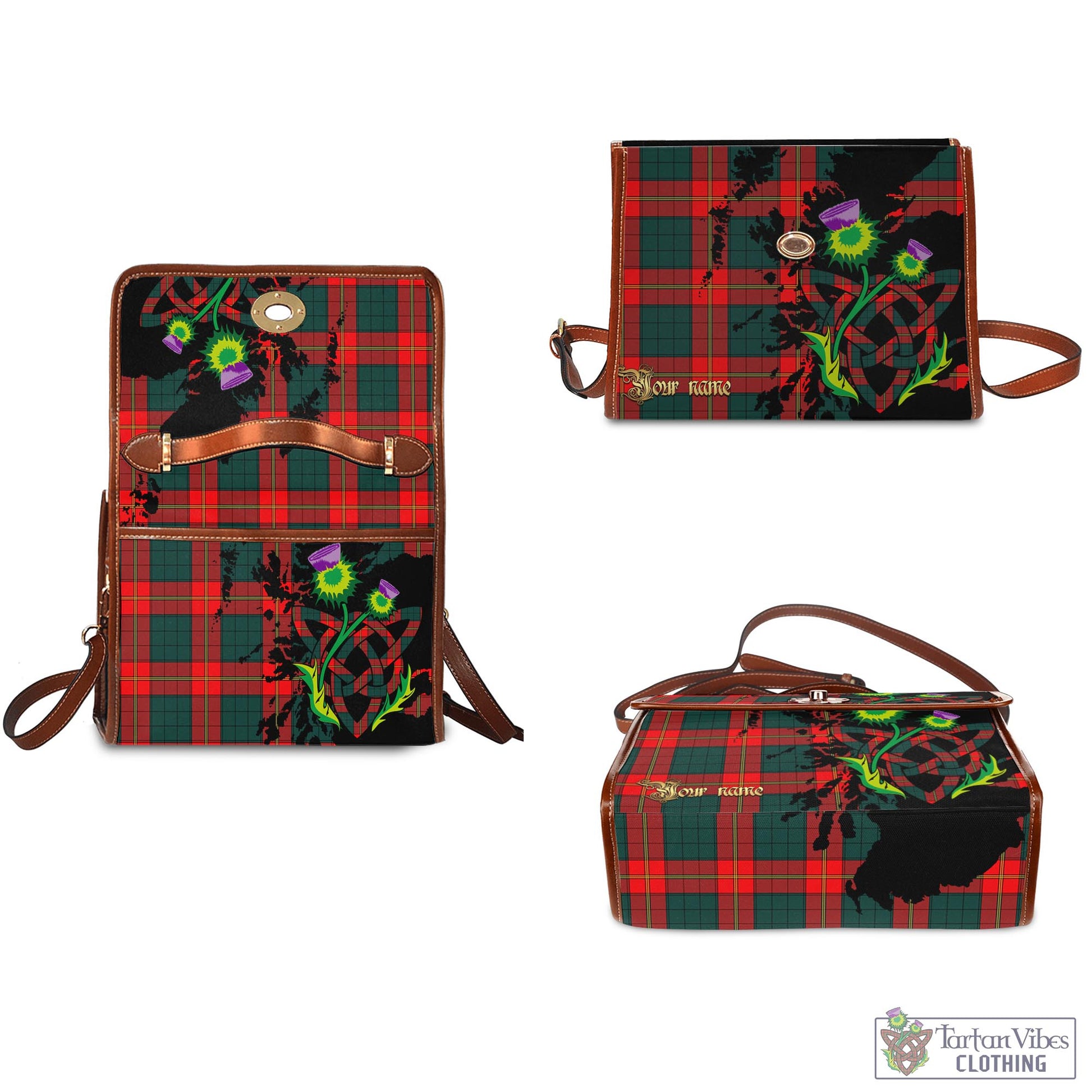 Tartan Vibes Clothing Ulster Red Tartan Waterproof Canvas Bag with Scotland Map and Thistle Celtic Accents