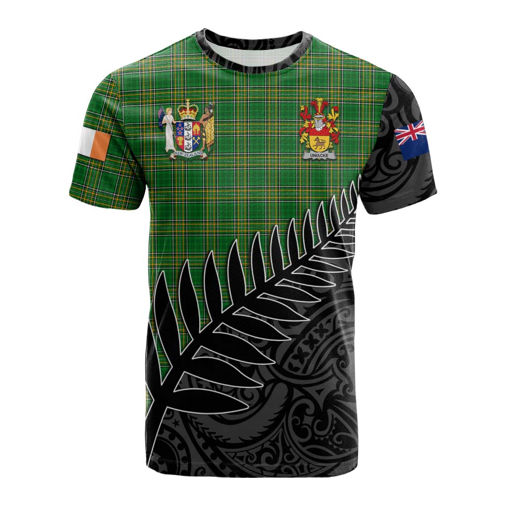 Tartan Vibes Clothing Uniacke Irish Clan Tartan Cotton T-shirt with Coat of Arms New Zealand Silver Fern Half Style