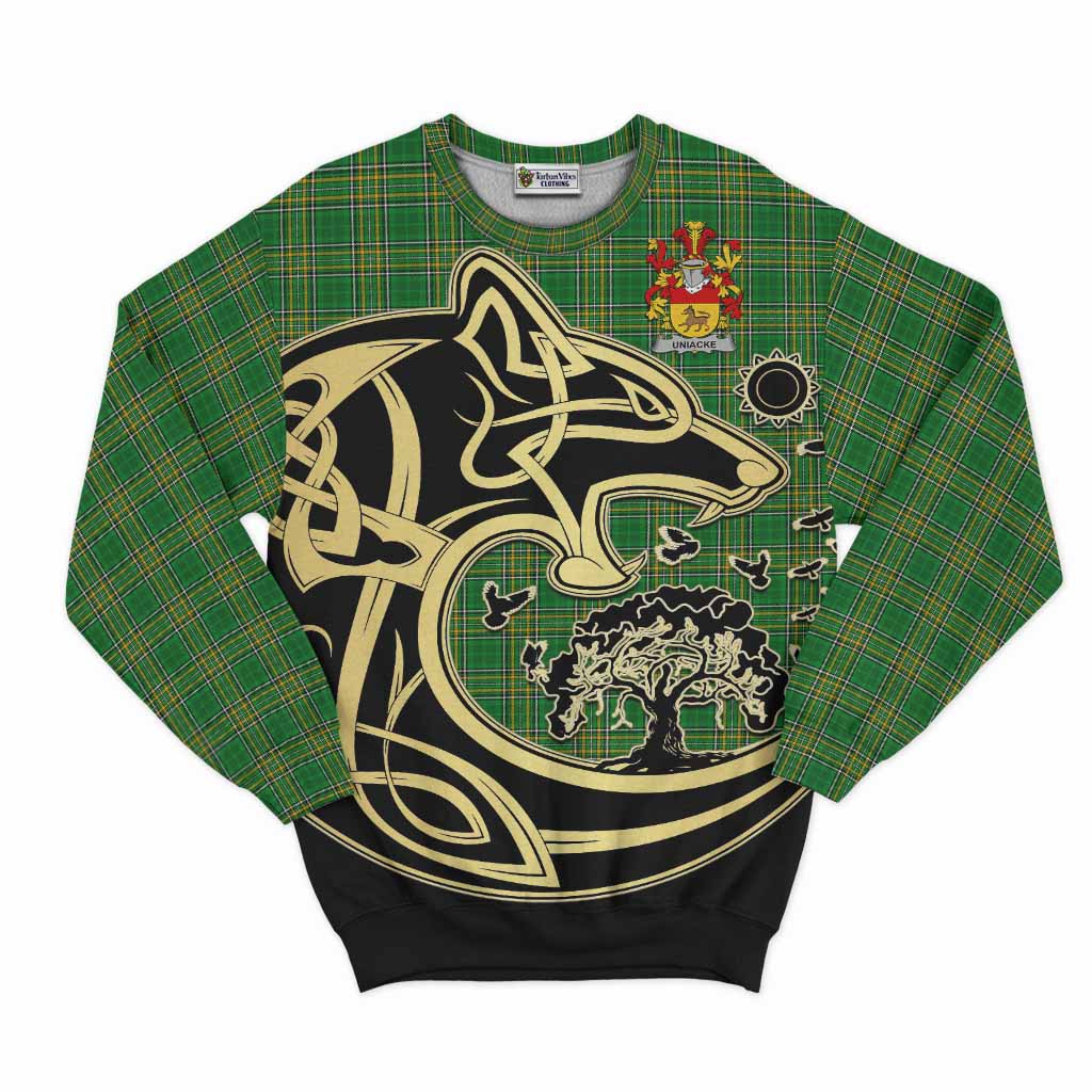 Tartan Vibes Clothing Uniacke Irish Tartan Sweatshirt with Coat of Arms Celtic Wolf Style