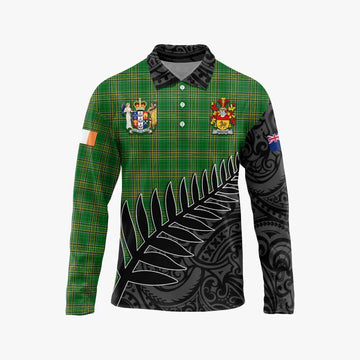 Uniacke Irish Clan Tartan Long Sleeve Polo Shirt with Coat of Arms New Zealand Silver Fern Half Style