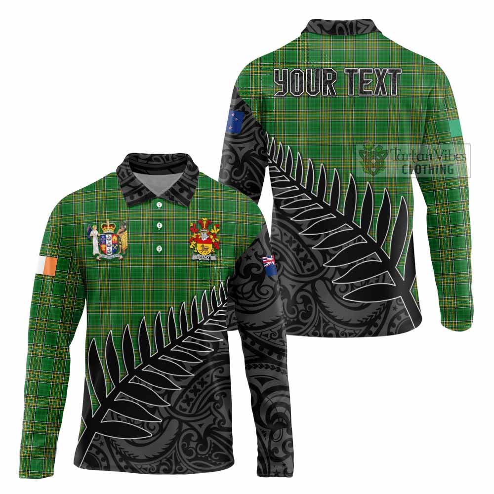 Tartan Vibes Clothing Uniacke Irish Clan Tartan Long Sleeve Polo Shirt with Coat of Arms New Zealand Silver Fern Half Style