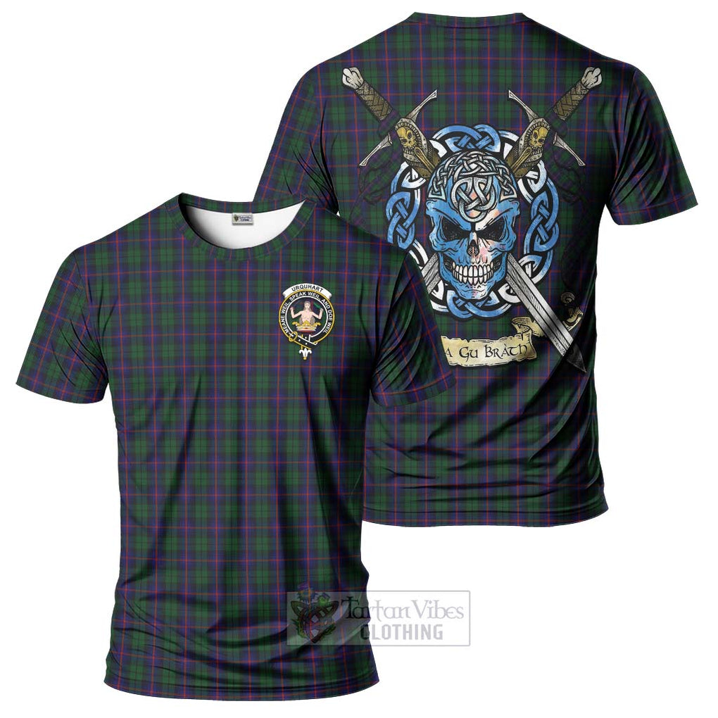 Tartan Vibes Clothing Urquhart Tartan T-Shirt with Family Crest Celtic Skull Style