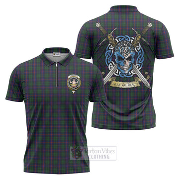 Urquhart Tartan Zipper Polo Shirt with Family Crest Celtic Skull Style