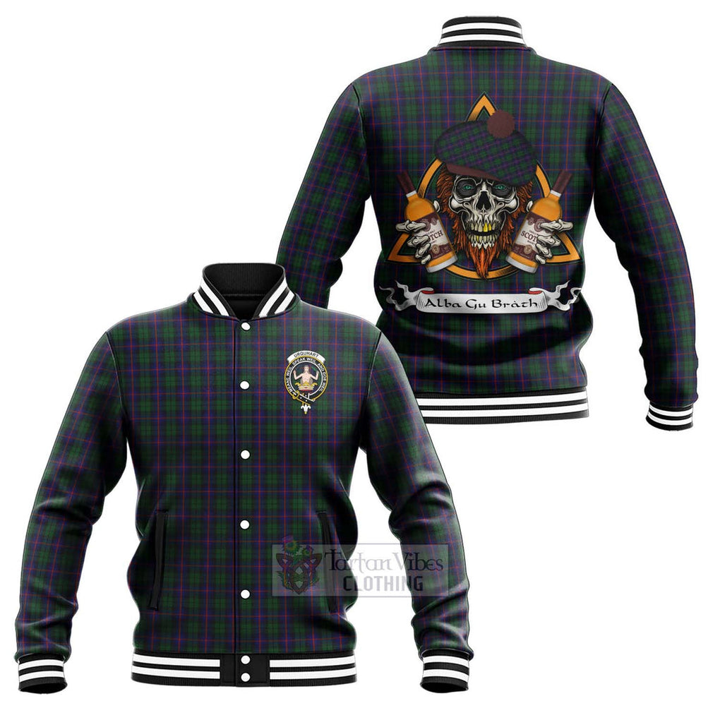 Tartan Vibes Clothing Urquhart Tartan Baseball Jacket with Family Crest and Bearded Skull Holding Bottles of Whiskey