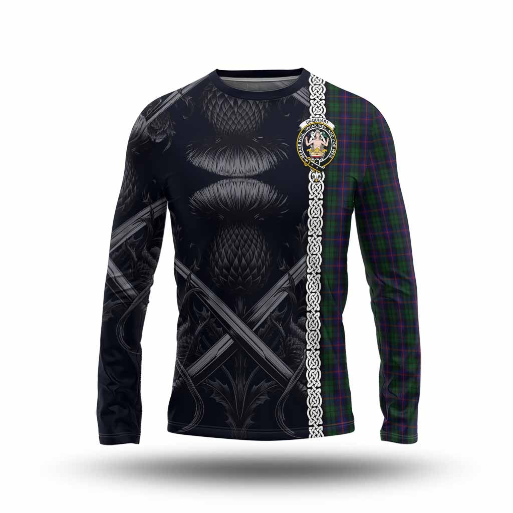 Tartan Vibes Clothing Urquhart Tartan Long Sleeve T-Shirt with Family Crest Cross Sword Thistle Celtic Vibes