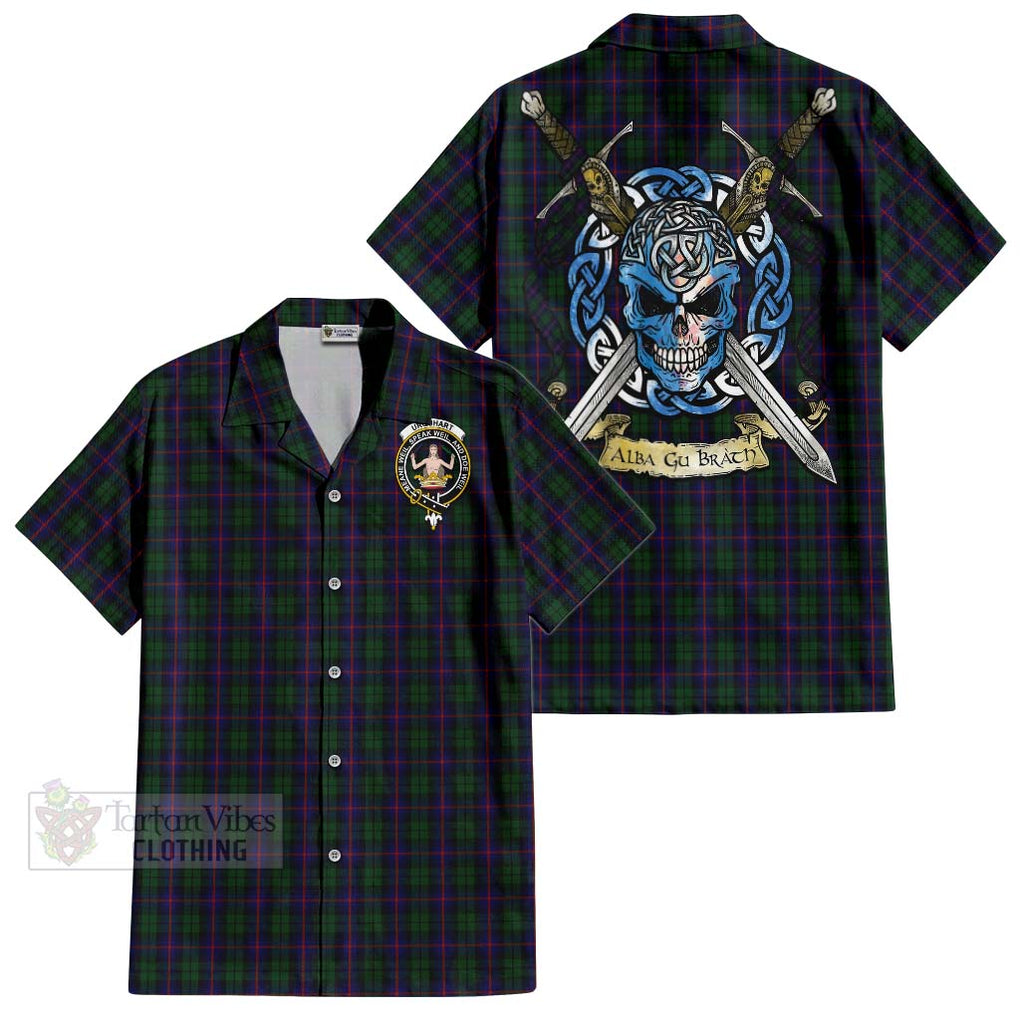 Tartan Vibes Clothing Urquhart Tartan Short Sleeve Button Shirt with Family Crest Celtic Skull Style