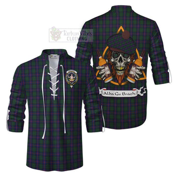 Urquhart Tartan Ghillie Kilt Shirt with Family Crest and Bearded Skull Holding Bottles of Whiskey