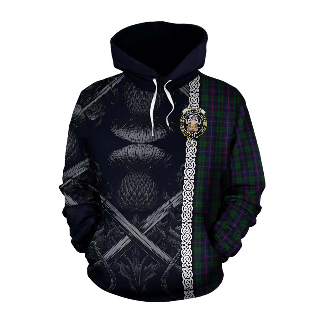 Tartan Vibes Clothing Urquhart Tartan Cotton Hoodie with Family Crest Cross Sword Thistle Celtic Vibes