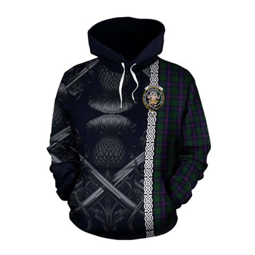 Urquhart Tartan Cotton Hoodie with Family Crest Cross Sword Thistle Celtic Vibes