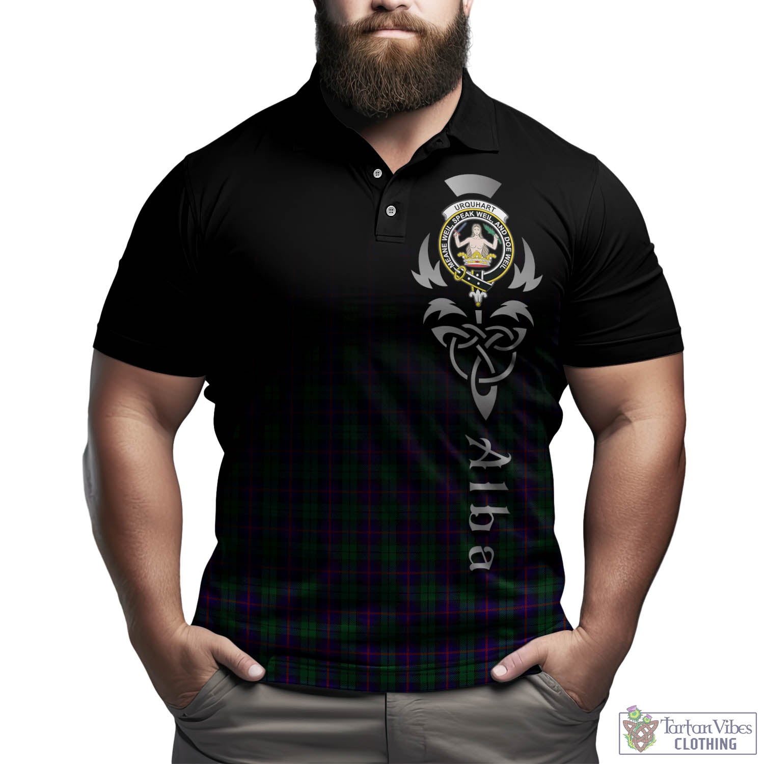 Tartan Vibes Clothing Urquhart Tartan Polo Shirt Featuring Alba Gu Brath Family Crest Celtic Inspired