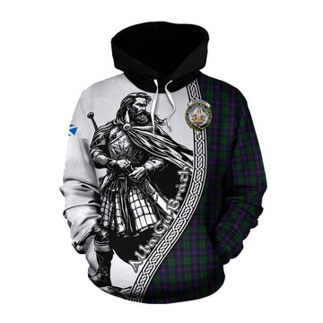 Urquhart Tartan Clan Crest Cotton Hoodie with Highlander Warrior Celtic Style