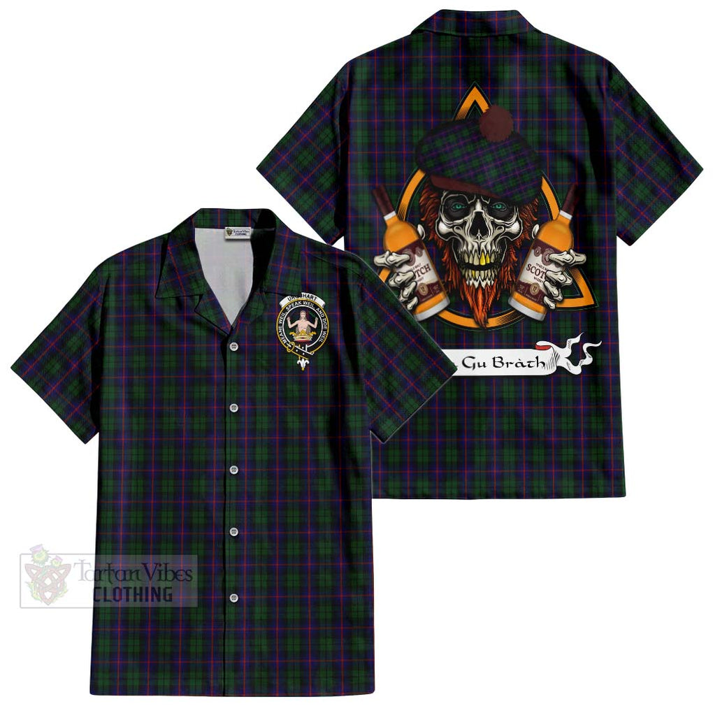 Tartan Vibes Clothing Urquhart Tartan Short Sleeve Button Shirt with Family Crest and Bearded Skull Holding Bottles of Whiskey