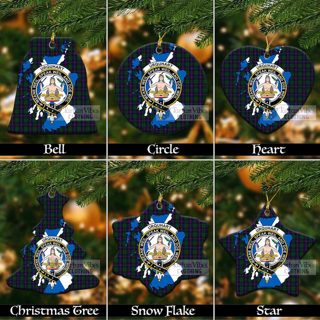 Tartan Vibes Clothing Urquhart Tartan Christmas Ornament with Family Crest and Scotland Map