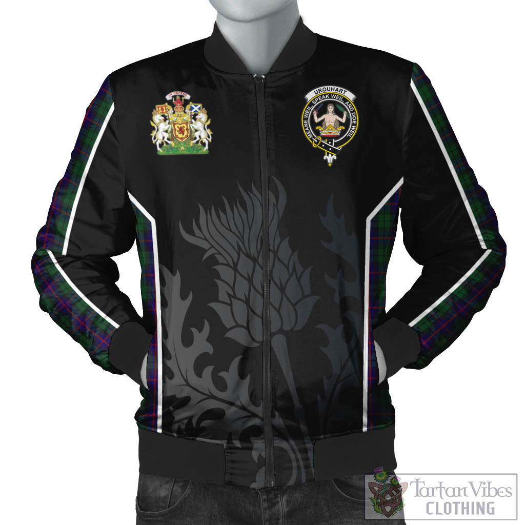 Tartan Vibes Clothing Urquhart Tartan Bomber Jacket with Family Crest and Scottish Thistle Vibes Sport Style