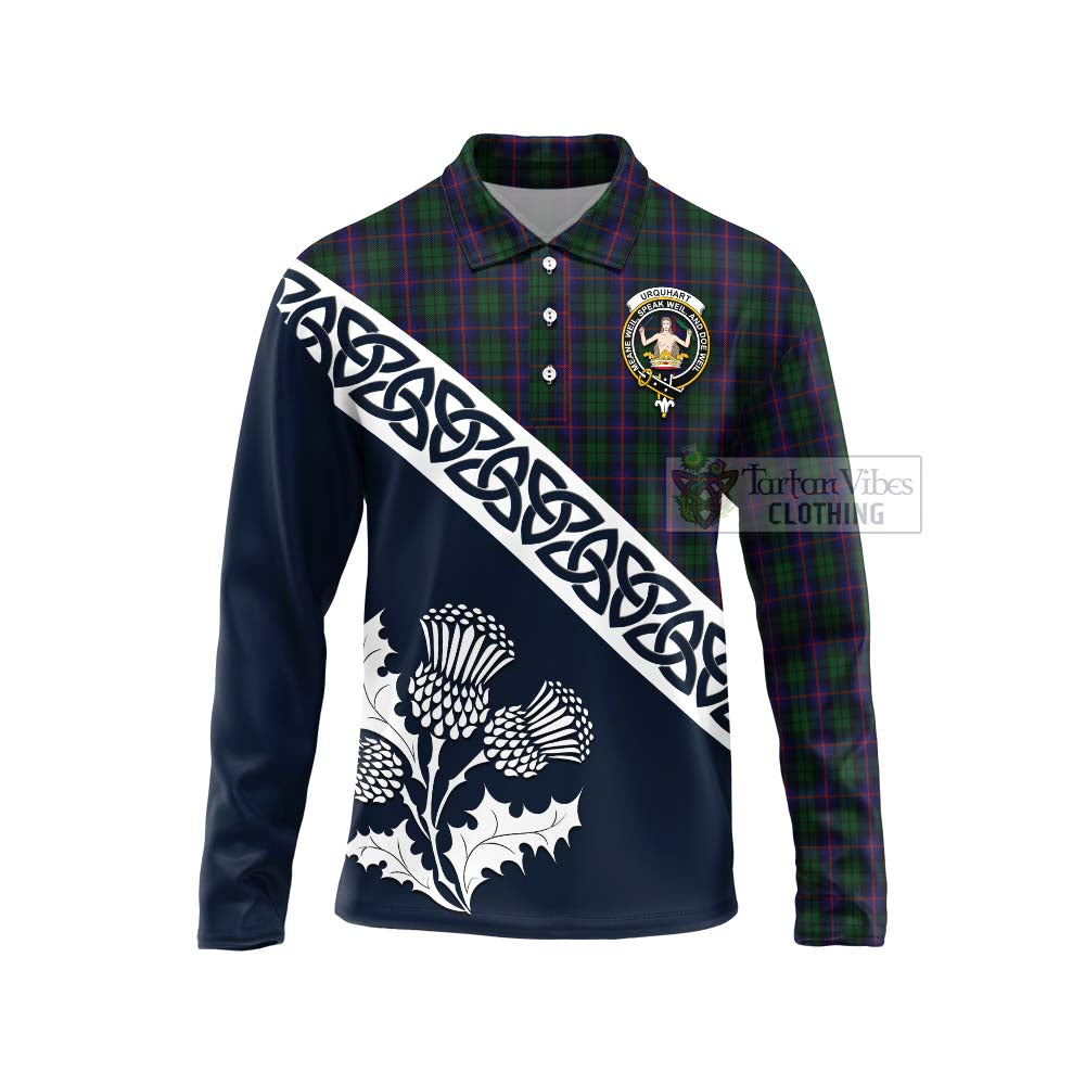 Tartan Vibes Clothing Urquhart Tartan Long Sleeve Polo Shirt Featuring Thistle and Scotland Map