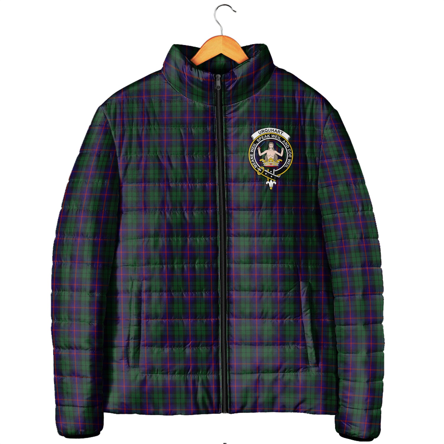 Urquhart Tartan Padded Jacket with Family Crest Men's Padded Jacket - Tartan Vibes Clothing