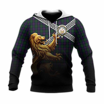 Urquhart Crest Tartan Knitted Hoodie with Golden Lion Emblem Celtic Style Unisex Knitted Pullover Hoodie - Tartan Vibes Clothing