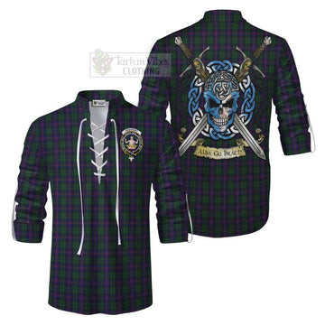 Urquhart Tartan Ghillie Kilt Shirt with Family Crest Celtic Skull Style