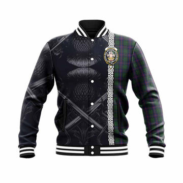 Urquhart Tartan Baseball Jacket with Family Crest Cross Sword Thistle Celtic Vibes