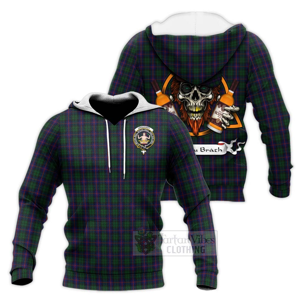 Tartan Vibes Clothing Urquhart Tartan Knitted Hoodie with Family Crest and Bearded Skull Holding Bottles of Whiskey