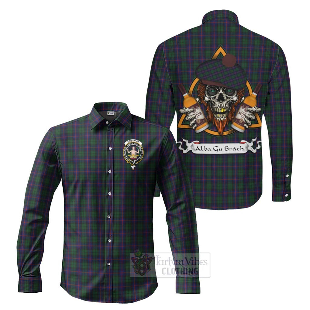 Tartan Vibes Clothing Urquhart Tartan Long Sleeve Button Shirt with Family Crest and Bearded Skull Holding Bottles of Whiskey