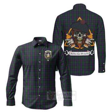 Urquhart Tartan Long Sleeve Button Shirt with Family Crest and Bearded Skull Holding Bottles of Whiskey