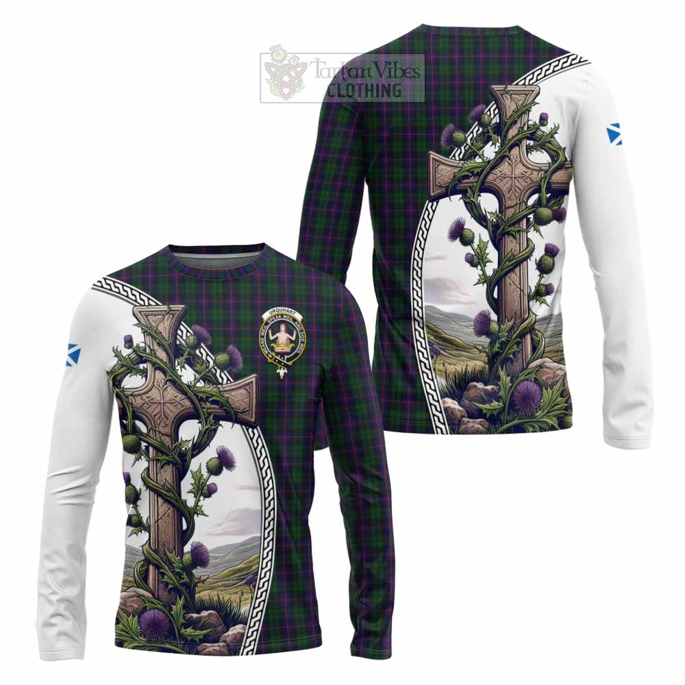 Tartan Vibes Clothing Urquhart Tartan Long Sleeve T-Shirt with Family Crest and St. Andrew's Cross Accented by Thistle Vines