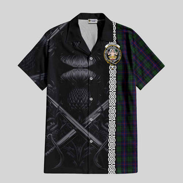 Urquhart Tartan Short Sleeve Button Shirt with Family Crest Cross Sword Thistle Celtic Vibes