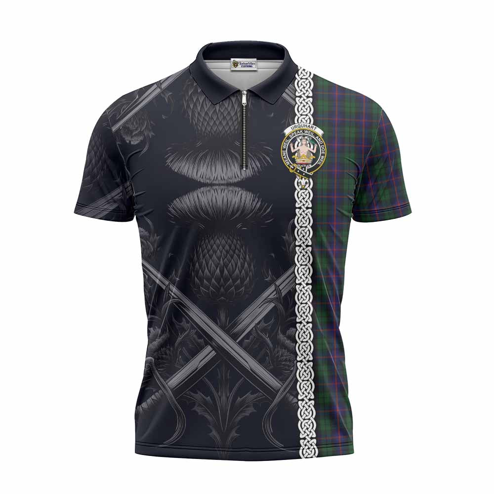 Tartan Vibes Clothing Urquhart Tartan Zipper Polo Shirt with Family Crest Cross Sword Thistle Celtic Vibes