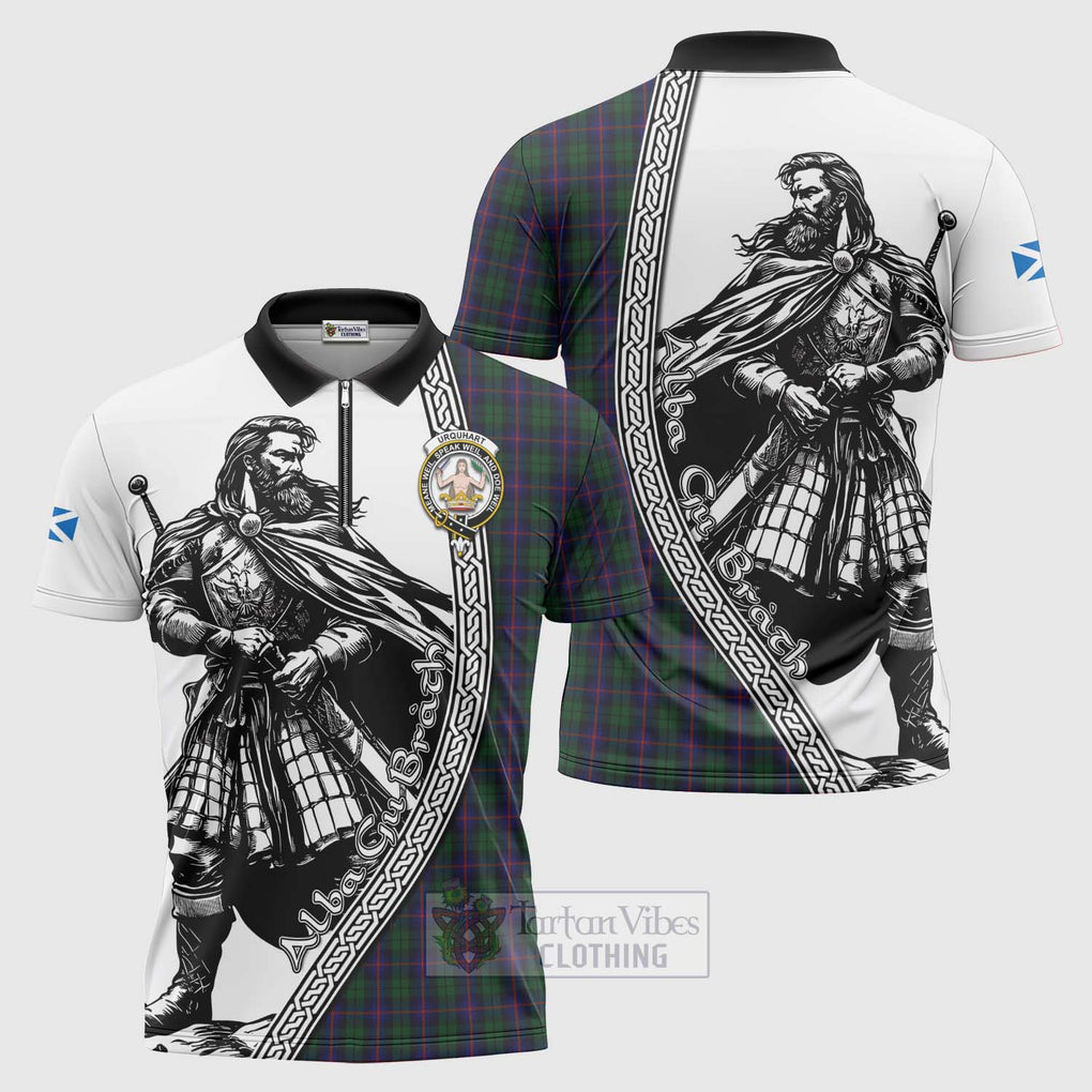 Tartan Vibes Clothing Urquhart Tartan Clan Crest Zipper Polo Shirt with Highlander Warrior Celtic Style