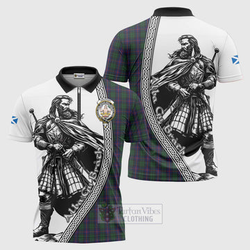 Urquhart Tartan Clan Crest Zipper Polo Shirt with Highlander Warrior Celtic Style