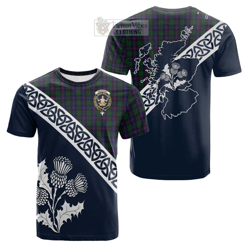 Tartan Vibes Clothing Urquhart Tartan Cotton T-shirt Featuring Thistle and Scotland Map