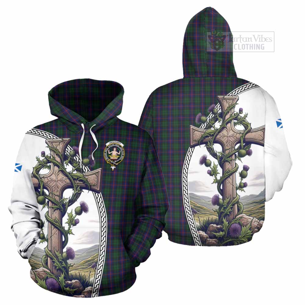 Tartan Vibes Clothing Urquhart Tartan Hoodie with Family Crest and St. Andrew's Cross Accented by Thistle Vines