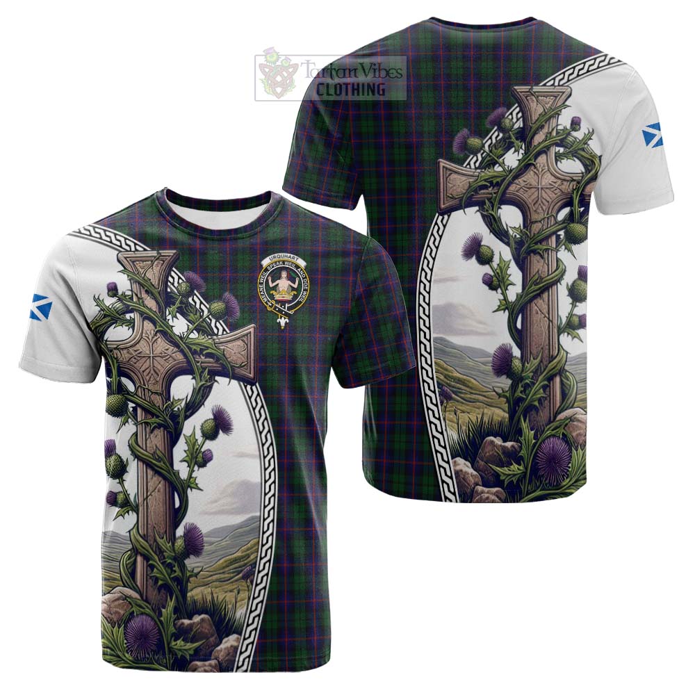 Tartan Vibes Clothing Urquhart Tartan Cotton T-shirt with Family Crest and St. Andrew's Cross Accented by Thistle Vines