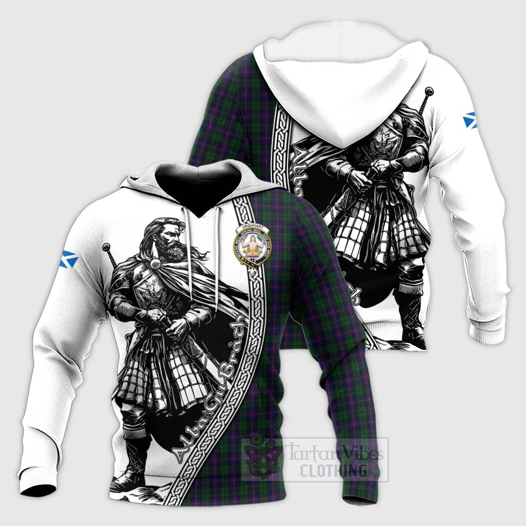 Tartan Vibes Clothing Urquhart Tartan Clan Crest Knitted Hoodie with Highlander Warrior Celtic Style