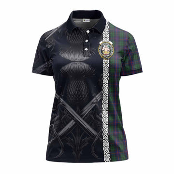 Urquhart Tartan Women's Polo Shirt with Family Crest Cross Sword Thistle Celtic Vibes